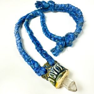 Stoneware and Quartz Power Crystal in Blue Silk Adjustable Cord Necklace.